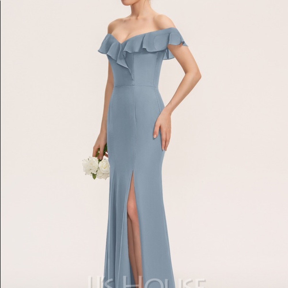 Like New Dusty Blue Off-The-Shoulder High Slit Bridesmaid Dress